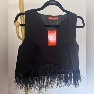 One Star Boutique Black Feather Fringe Sleeveless Crop Top NWT Med
